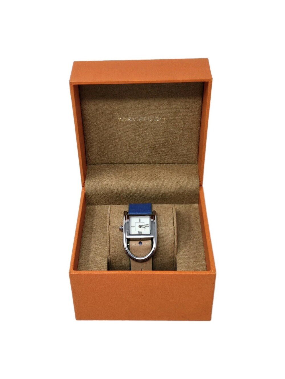 Tory Burch Womens Watch TBW7501 Silver Tone Case W/Leather Band Blue/Green/Tan